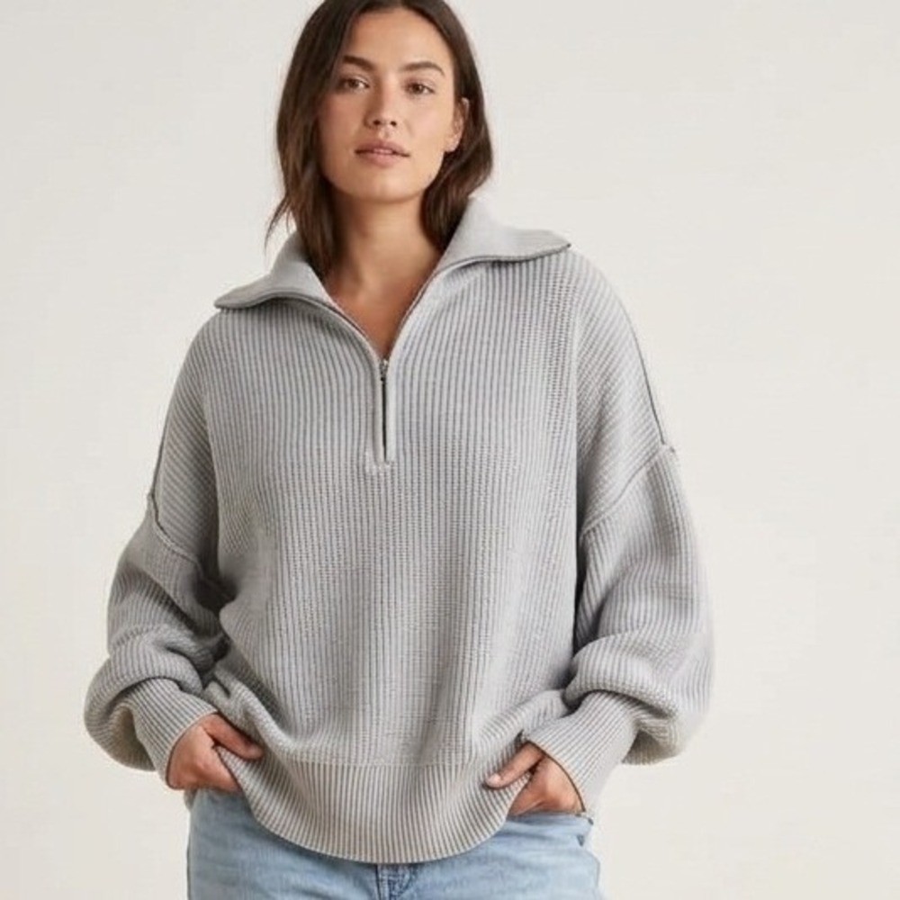 Aerie Quarter Zip Sweater Womens XS Gray Cotton Oversized Shaker Knit Pullover